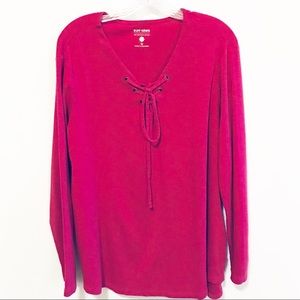 Ruff Hewn Pink Long Sleeve Lace Up V-Neck Top 2X